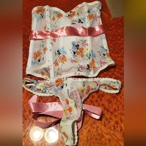 Necesary Objects Floral Satin Trim Corset and Thong Set S
